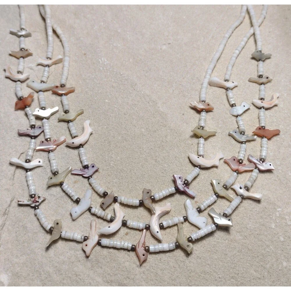 Vintage Fetish Bird Triple Strand Heishi MOP Necklace